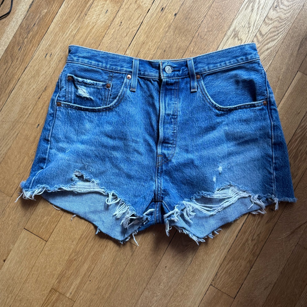 Levi's Blue Frayed Hem Jean Shorts
